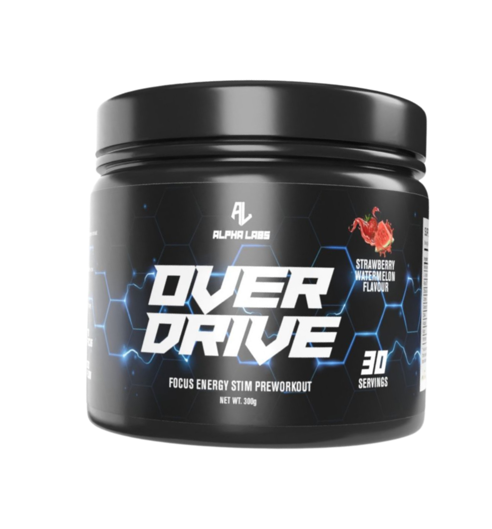 Black container of Over Drive preworkout supplement with branding on a white background